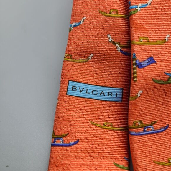 BVLGARI BULGARI Neck Tie. Venice Gondolas On Red Silk 7 Fold  Made In Italy - Picture 2 of 8